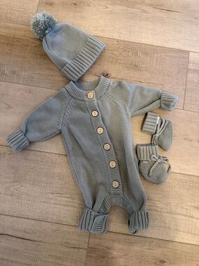 Caden Lane Knit Romper Set in Light Sage with Pom Hat & Booties
